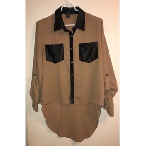 Faux-leather Detailed Button-up Blouse